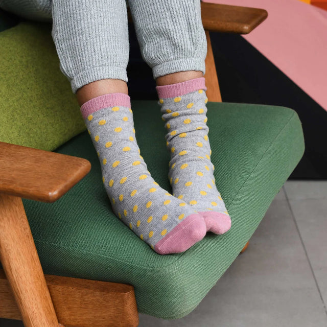 womens-lambswool-socks-grey-yellow-spot-catherine-tough